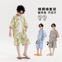 男童棉绸套装2026夏薄款儿童短袖短裤两件套透气亲肤中大童家居服