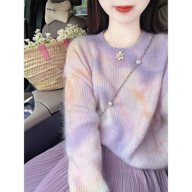 2025早秋薄款紫色套头宽松马海毛毛衣女外穿慵懒风温柔圆领上衣|undefined