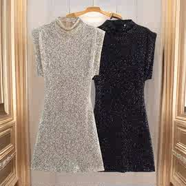 跨境欧美女装速卖通爆款设计感珠片装饰无袖垫肩亮片连衣裙