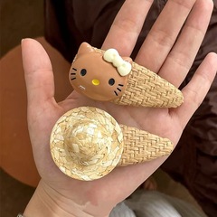 海岛风黑皮KT超可爱草帽黑皮Kitty猫编织发夹旅游刘海侧边夹发饰