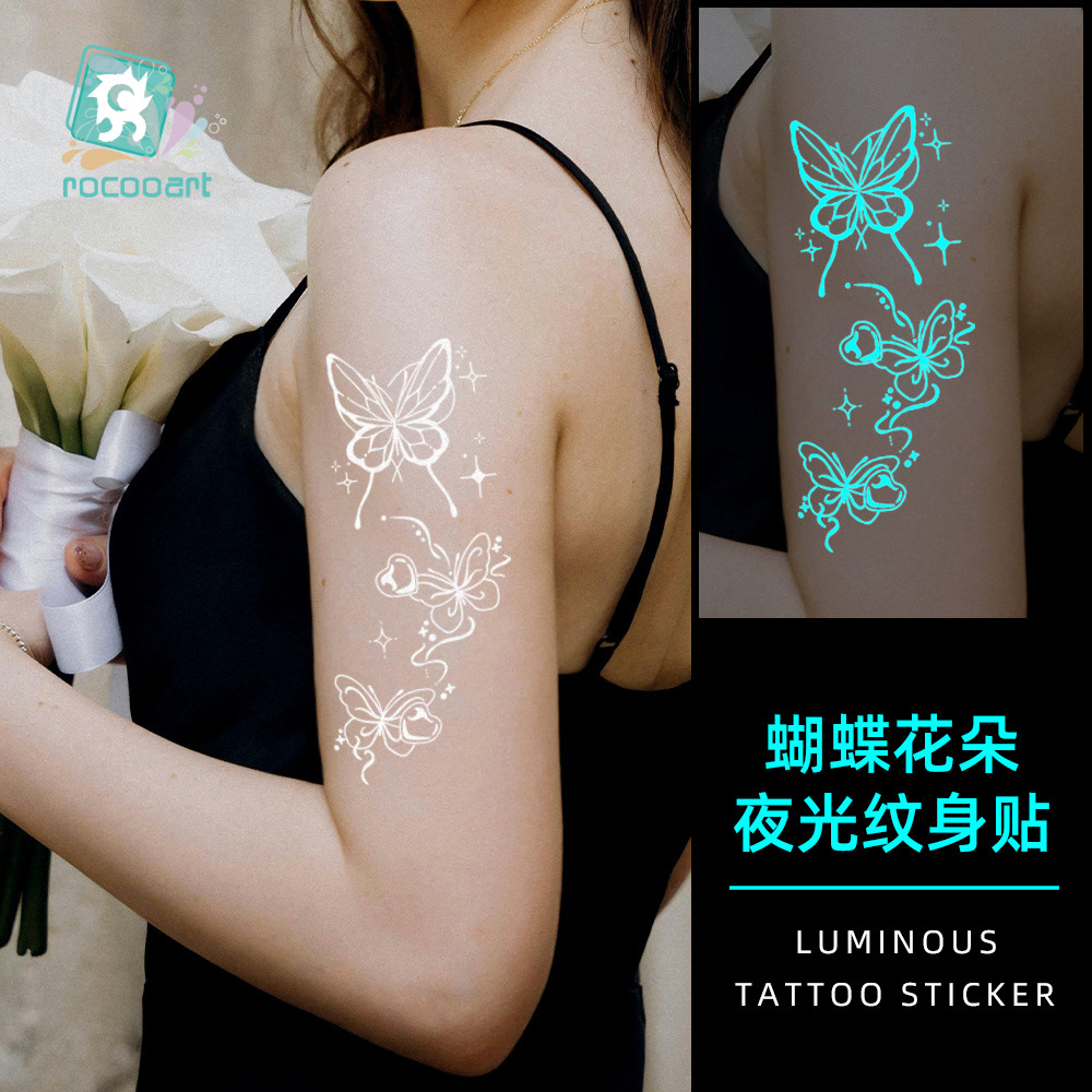 瑞卡龙新款跨境海娜纹身贴白色曼陀罗甜酷蝴蝶花夜光纹身贴纸防水