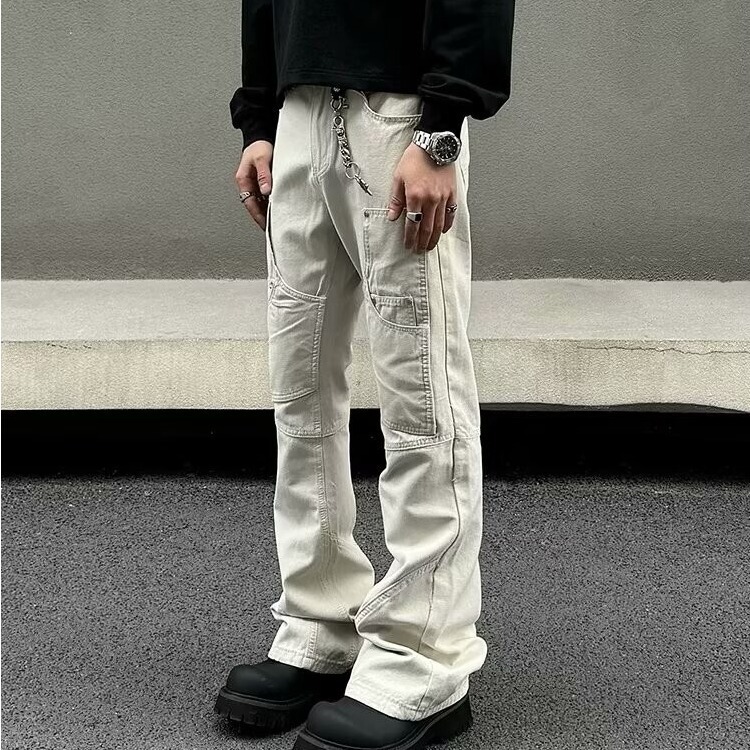 Foreign trade American vibe creamy-white logging pants straight high street multi-pocket rivet overalls flared pants slim fit generation