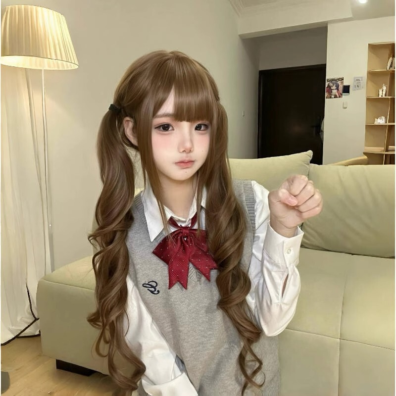 【扎好发出】蜜茶亚麻色lolita日常75cm双马尾长卷发假发全头套女|undefined