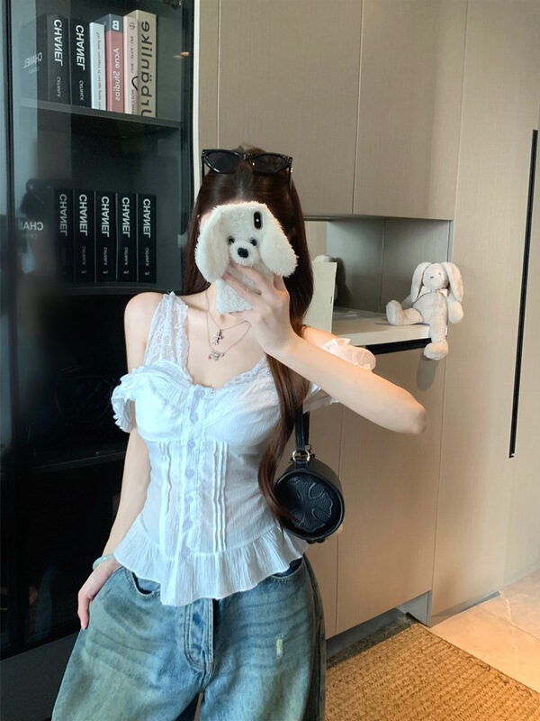 2026 New Style Pure Desire Style Ruffled Hem Button-Down Shirt for Women, Summer Inner Wear, Lace Tube Top Vest Two-Piece Set