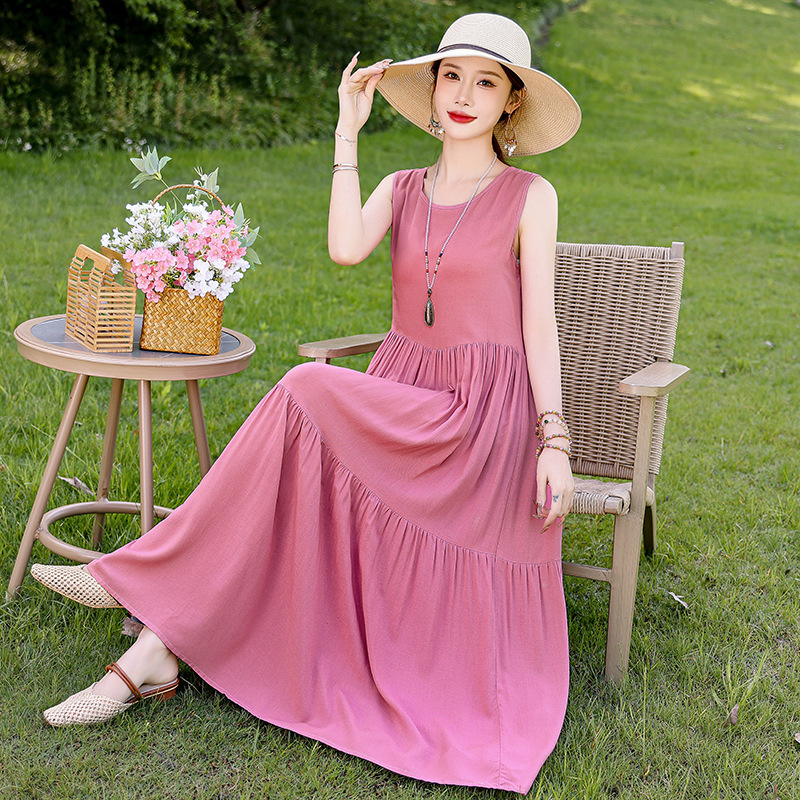 Solid Color Cotton dress Women's Summer New French Style Casual Elegant Sleeveless Vest Holiday Style Long Dress