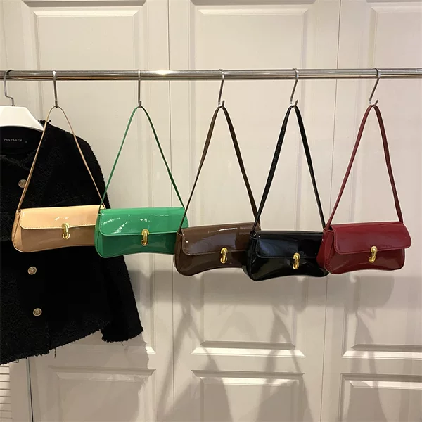 French-style, personalized, glossy patent leather, retro underarm bag, stylish handbag, shoulder bag, solid-color clutch, women's bag, cross-border