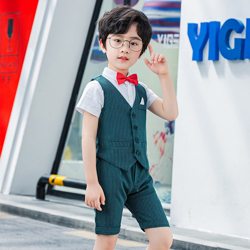 Children's dress, boy's short-sleeved striped vest set, Korean style summer new fashion flower girl host performance clothing dropshipping