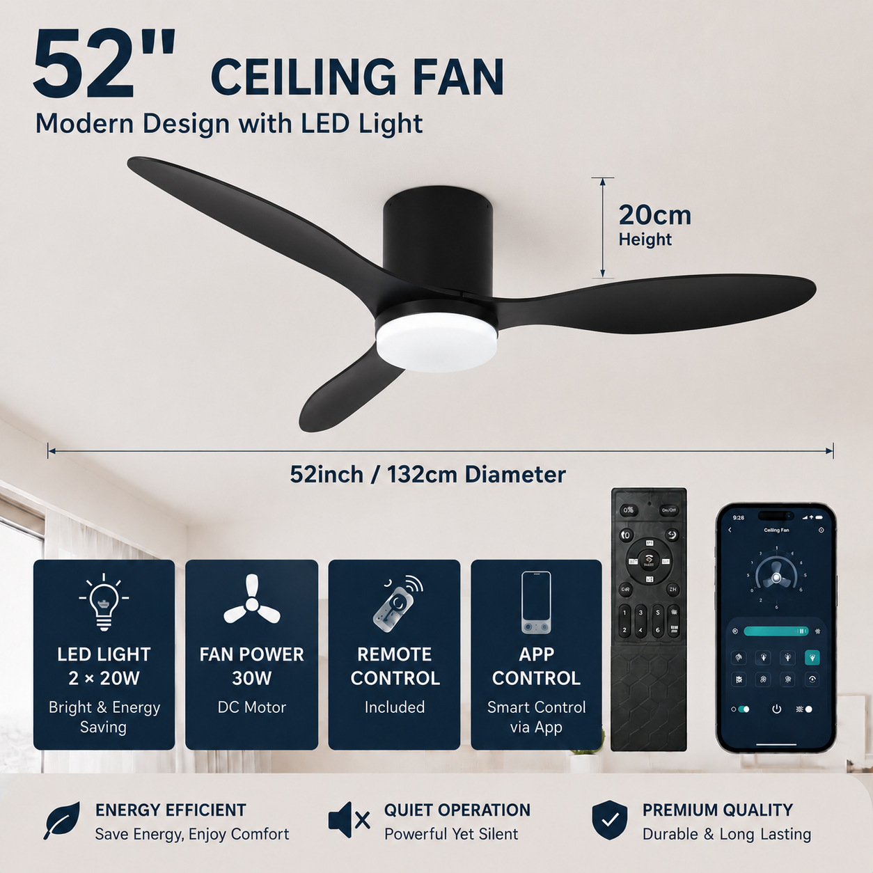 Lámpara Ventilador de Techo Inverter de Plástico ABS Silencioso con Control Remoto para Sala de Estar y Dormitorio