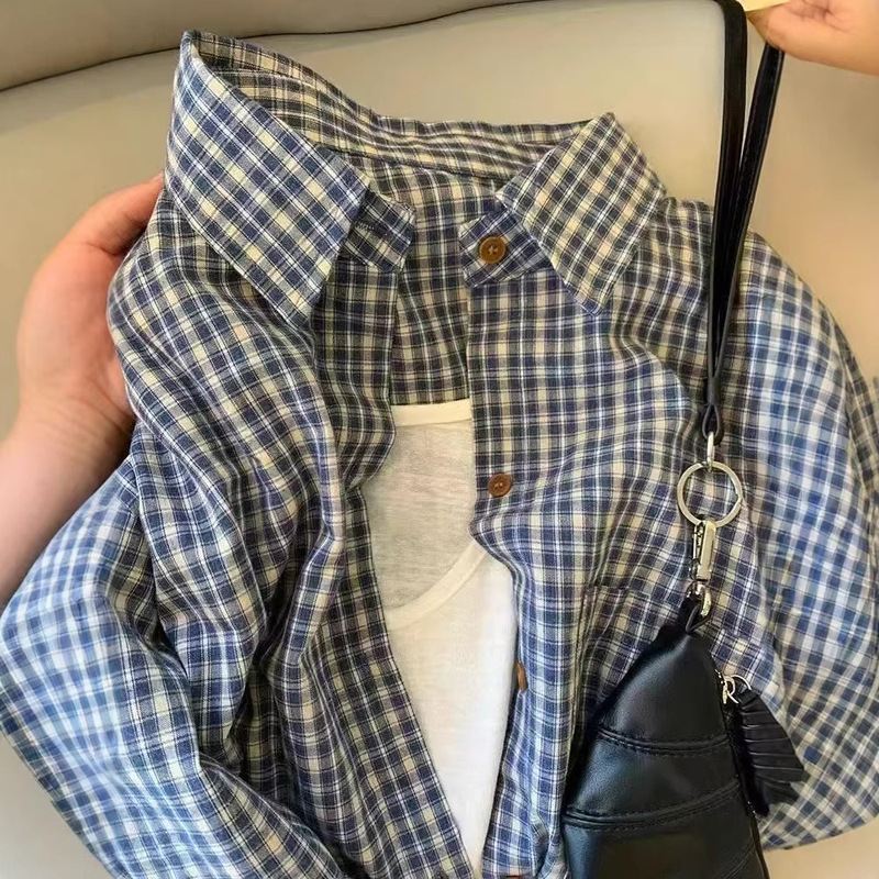 Retro Blue Plaid Long-sleeved Shirt Women's Early Spring Korean-style Loose College-style Slimming Plaid Top Elegant