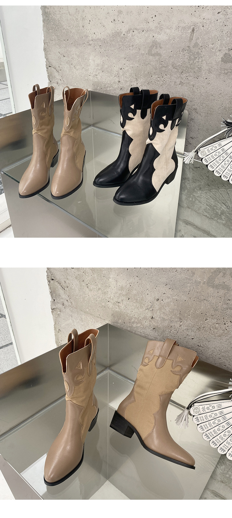 2024 Fashion Pointed Korean Edition Temperament Splicing Simple and Versatile Sleeve Thick Heel Short Boots for Women_voghion.com