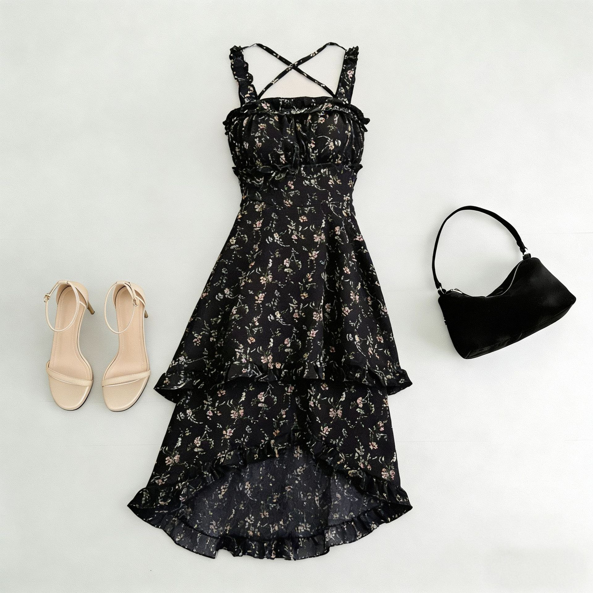 여름 프랑스 인쇄 긴 원피스 우아한 허리 주름 치마 해변 휴가 불규칙한 스트랩 한국식 원피스 여성