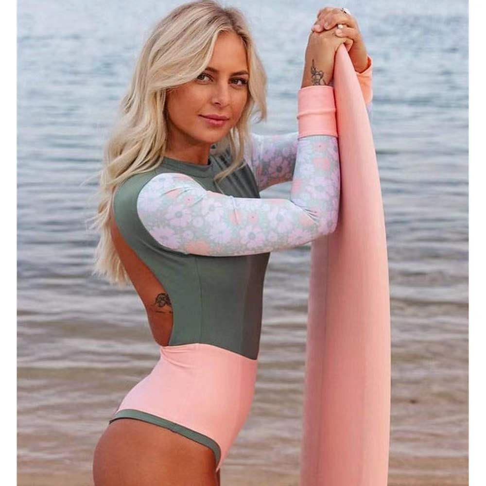 Long sleeve Color matching Conjoined Swimsuit triangle Backless Tight fitting Cover the belly Swimming suit sexy Small chest Gather Swimwear wholesale