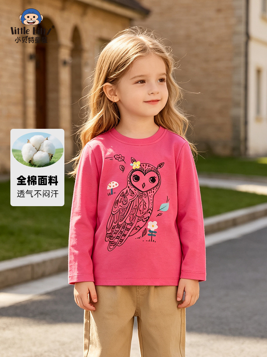 Cross-border supply 2026 girls' T-shirt top, autumn casual fashion owl print round neck children's base shirt