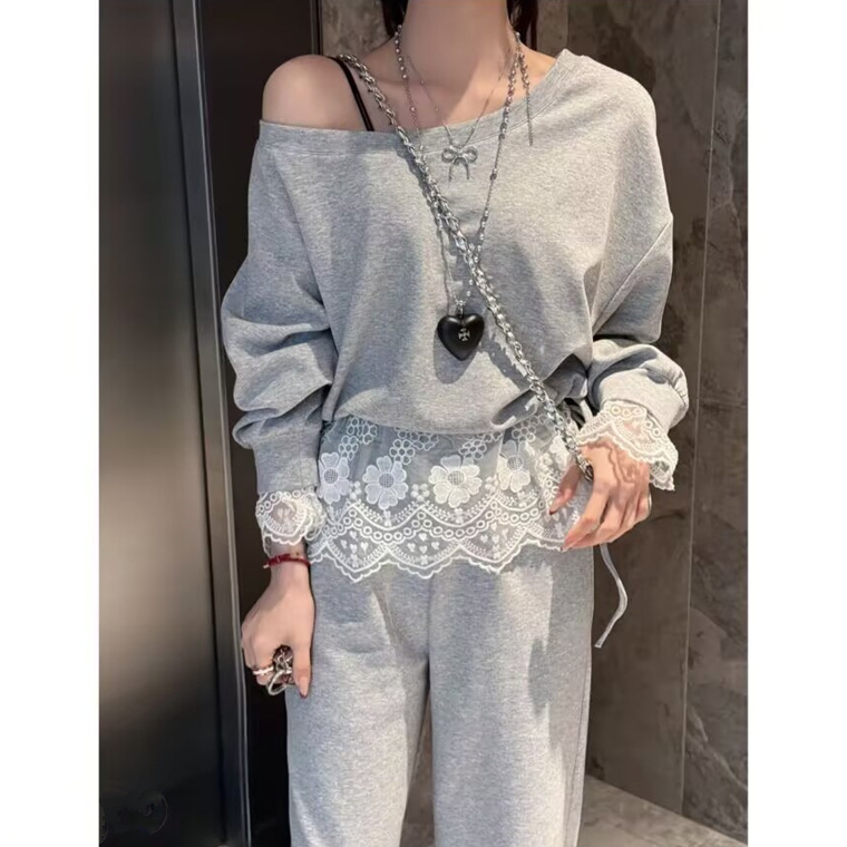 欧货减龄时尚休闲套装女春季高级感蕾丝边露肩卫衣阔腿长裤两件套|undefined
