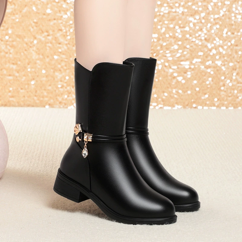 Женские ботинки среднего возраста, женские зимние хлопчатобумажные туфли на толстом каблуке, бархатные кожаные туфли, мягкие сапоги среднего возраста