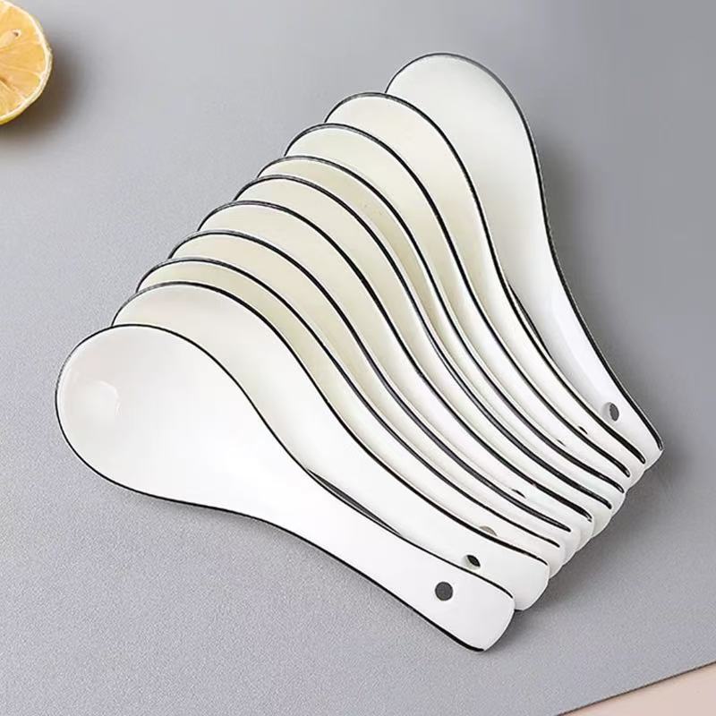 Simple línea negra cuchara de cerámica doméstica cuchara de comedor cuchara de mango largo sopa de restaurante cuchara de restaurante cuchara pequeña