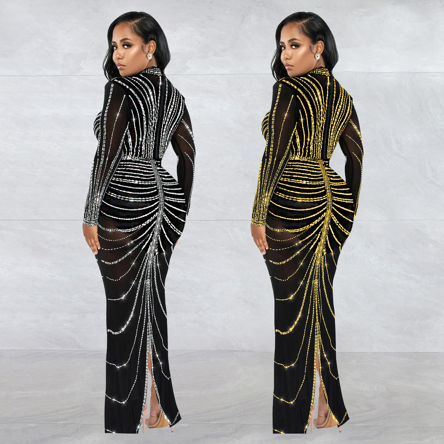 C7141 Aliexpress transfronterizo amazon ropa de moda europea y americana de mujeres sexy de mangas largas trasera vestido de perforación en caliente nuevo image 3