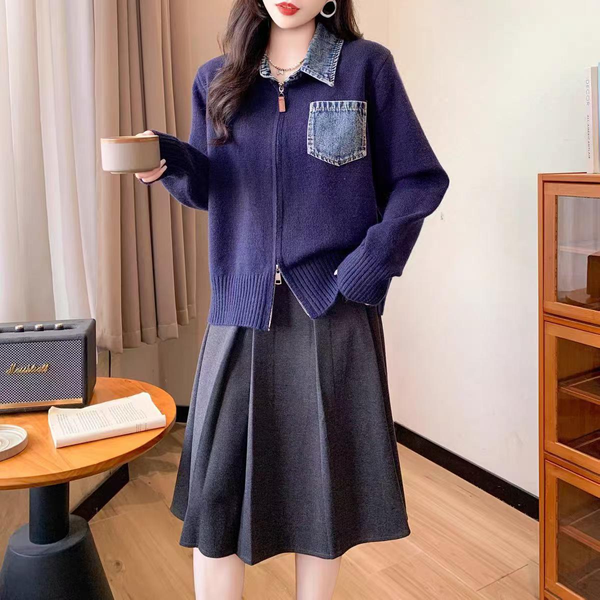 Jeans empalmado con la solapa de punto Cardigan de mujer otoño nuevo falso dos piezas con cremallera adelgazante abrigo de suéter casual universal