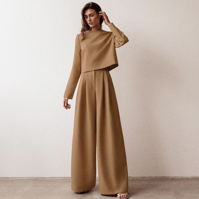 2022秋冬女装欧美长袖圆领长裤宽松气质通勤修身显瘦休闲时尚套装