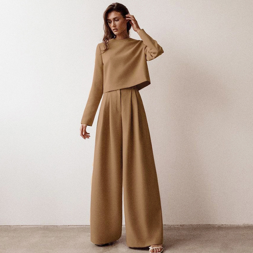 2022秋冬女装欧美长袖圆领长裤宽松气质通勤修身显瘦休闲时尚套装