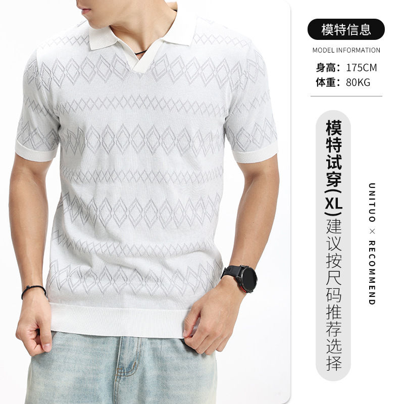 Hombres de alto nivel camiseta de polo de hielo de jersey de diamante hombre V-collar lujo ligero negocio con camiseta de cuello de manga corta ropa de hombre
