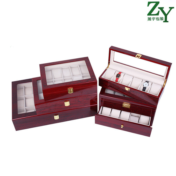 跨境12位酒红色首饰盒钢琴烤漆开窗透明手表盒木质手表收纳展示盒
