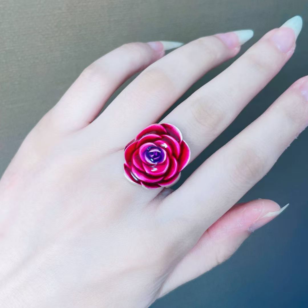 新款珐琅彩宫廷风国潮玫瑰花开口戒指女富贵花女戒指指环手饰批发
