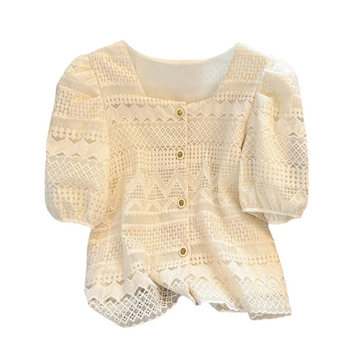 Women's 2024 Summer New Eu Style Chanel Inspired Heavy Work Embroidered Lace Top with Bubble Short Sleeve, Elegant and Slimming Shirt