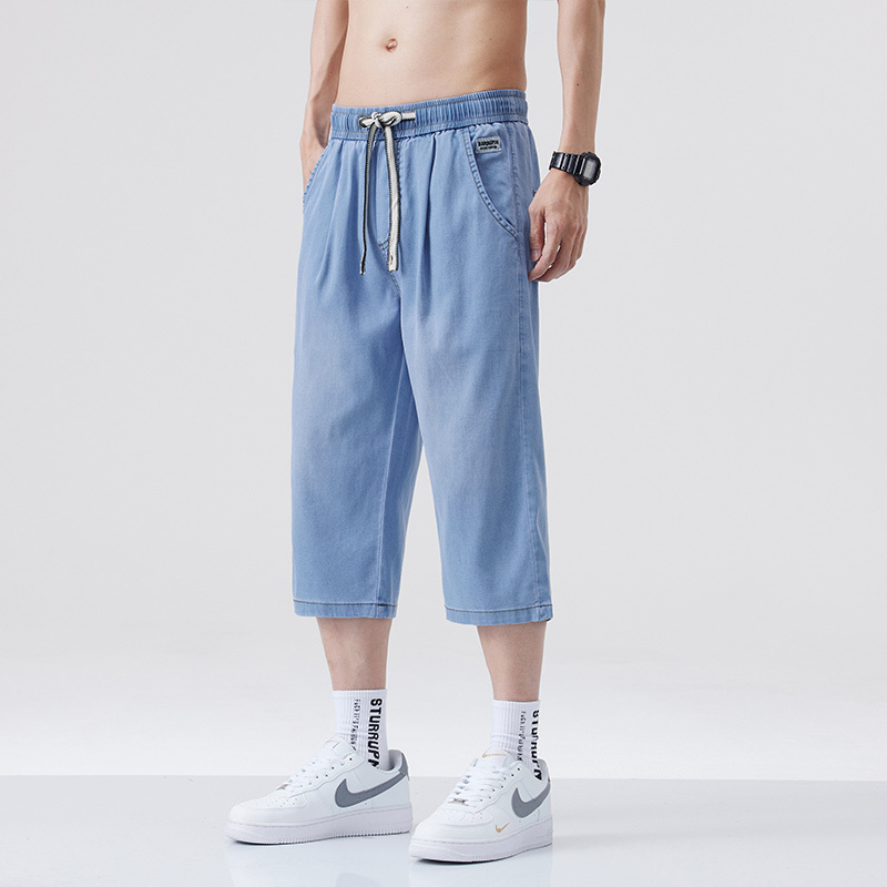 テンセルデニムクロップドパンツメンズ夏薄いトレンディブランドルーズストレートアイスシルクカジュアルクロップドパンツ2025新スタイル|undefined