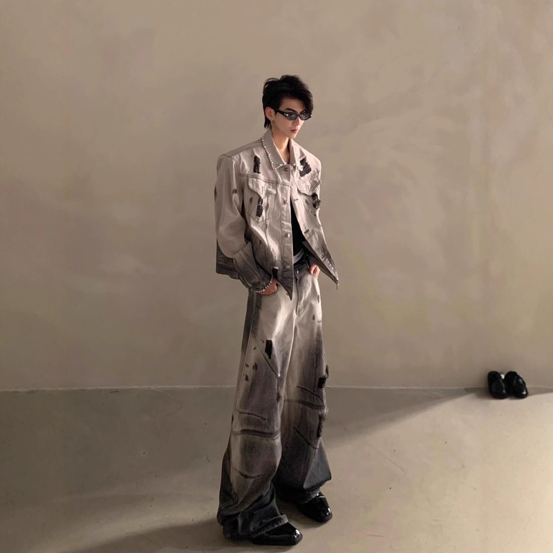 American High Street Tie-Dye Denim Men's Jacket Spring and Autumn Trendy Brand Handsome Loose Casual Lapel Suit Jacket Top