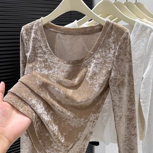 Black Sheer Velvet Top Spring and Autumn Long Sleeve Tall Straight High-end Stylish Top for Layering Thin Upper Shirt