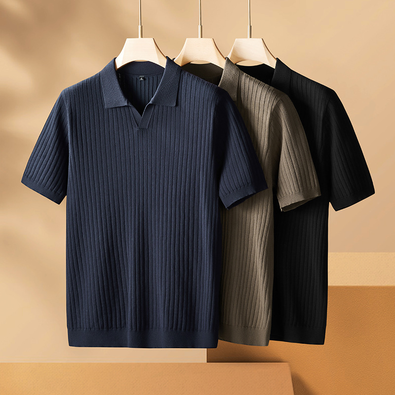 High Quality Plus Size Men's Lapel Knitwear Large Loose Fat Guy High Elastic Skin-Fribottomly Short-Sleeved Knitted Bottoming Shirt