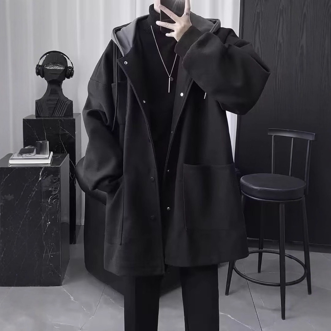 Autumn/Winter Men's Rogue Style Mid-Length Wool Coat with a Sophisticated Spring Look and a Hooded, Quilted Design