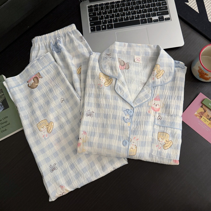 Venta al por mayor transfronteriza otoño nuevo estilo caliente pijamas de algodón de la nube pantalones de manga larga de las mujeres solapa linda rebeca dulce servicio a domicilio