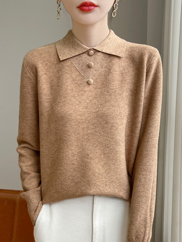Women's Long-Sleeve Loose Knit Collar Shirt with Age-Defying Polo Collar, Button Accent, Early Autumn Base Layer Top