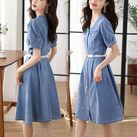 牛仔连衣裙女中长款2023夏季新款韩版收腰显瘦单排扣短袖衬衫裙子