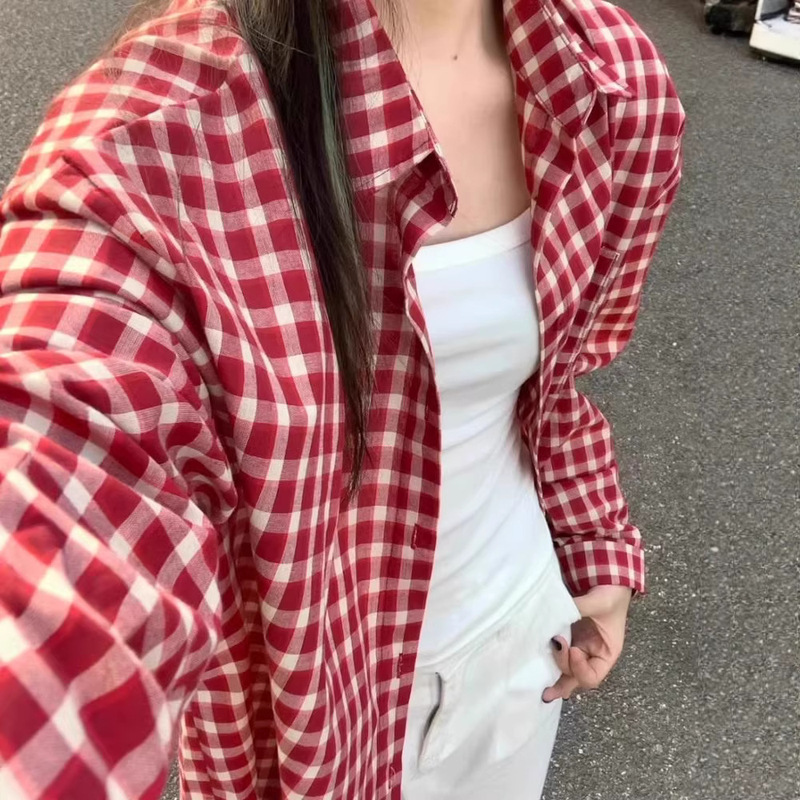 American Retro Red Plaid Long-Sleeved Shirt for Women, Early Spring Outerwear, Loose and Lazy Style Sun Protection Shirt Jacket