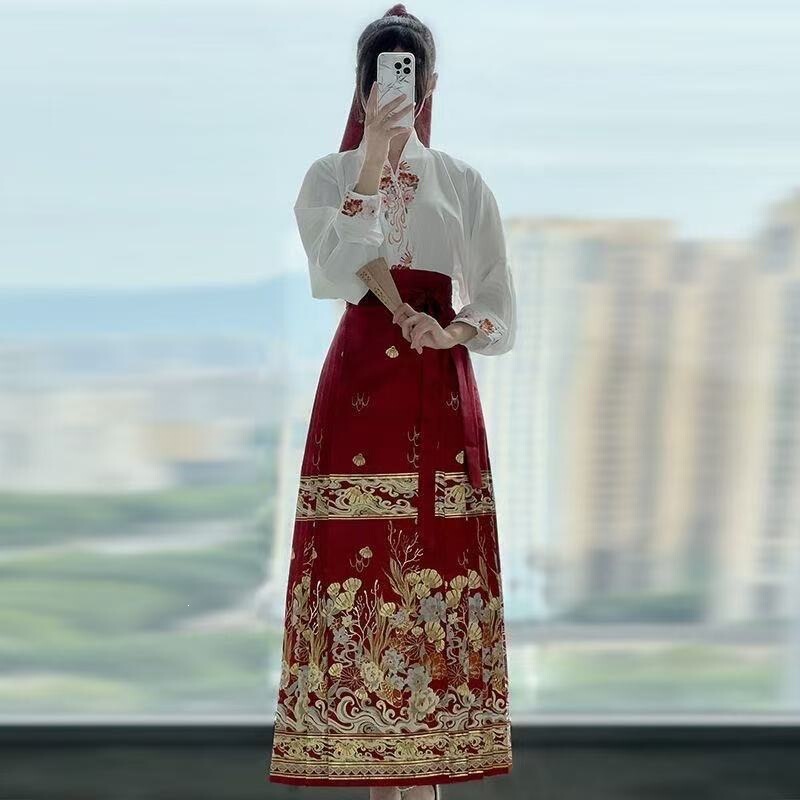 New Chinese-Style National Fashion Women's Hanfu Embroidered Top and Horse-Faced Skirt Fashion Daily Performance Outfit New Model Other