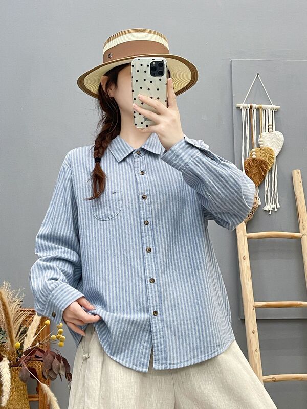 82316洋气套结口袋磨毛条纹长袖衬衫 女2025秋冬新款休闲显瘦上衣|undefined