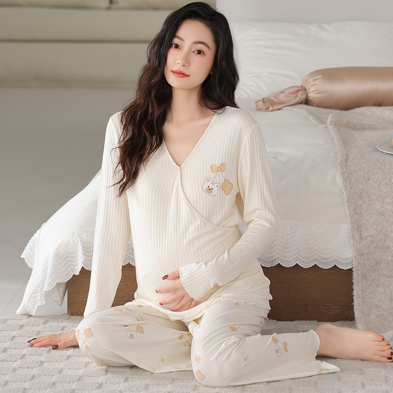 Maternity Thin Pajamas Modal Spring and Summer Long-Sleeved Pants with Breast Pads Confinement Clothes Cartoon Cute Home Clothes Set
