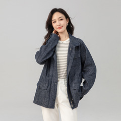 忆霏复古老钱棉麻牛仔外套女2025秋季新款立领大口袋抽绳休闲上衣
