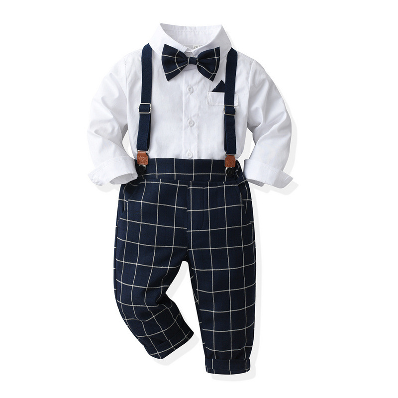 Camisas de algodón blanco para niños coreanos corbata primavera y otoño correa de bebé hombre pantalones a cuadros set vestido de juego de niños de flores