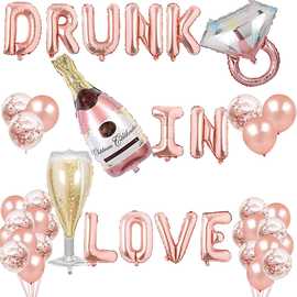 DRUNK IN LOVE玫瑰金铝箔气球香槟酒杯钻戒情人节订婚礼派对装饰