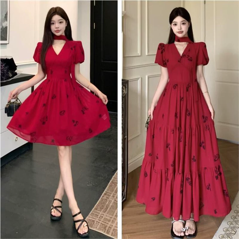 Плюс размер французское высококачественное красное платье с v-образным вырезом для женщин летом с талией мм для похудения, элегантная юбка трапециевидной формы средней длины