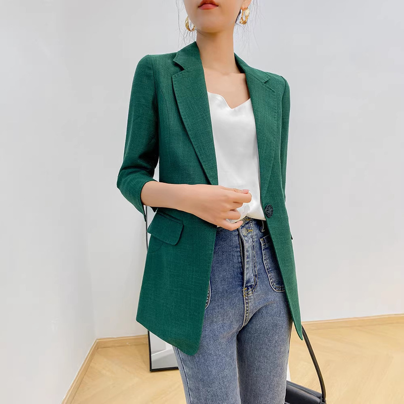 In Stock~Women's Summer Slim-Fit Casual Professional Short-Sleeve Workwear Cotton-Linen White Blazer with Three-Quarter Sleeves In Stock~Women's Summer Slim-Fit Casual Professional Short-Sleeve Workwear Cotton-Linen White Blazer with Three-Quarter Sleeves