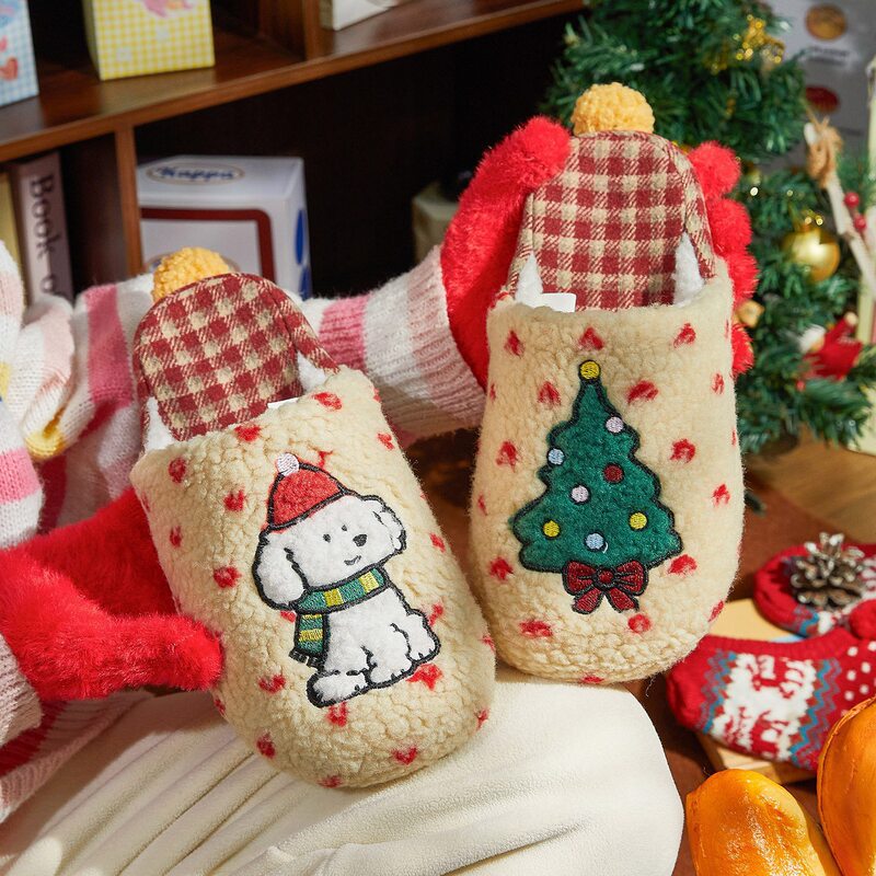 Winter New Style Cartoon Cute Dog Cute Christmas Tree Plush Couple Style Men's and Women's Cotton Slippers