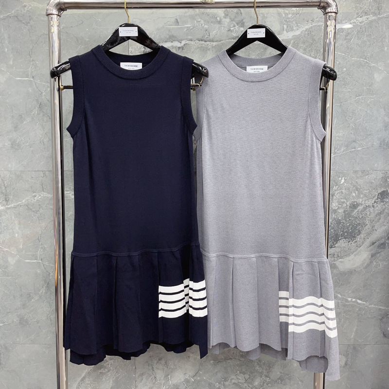 Tb High-End Version Dress with Four Stripes at the Hem, Knitted Versatile Casual Sports Round-Neck Tank Dress for Women
