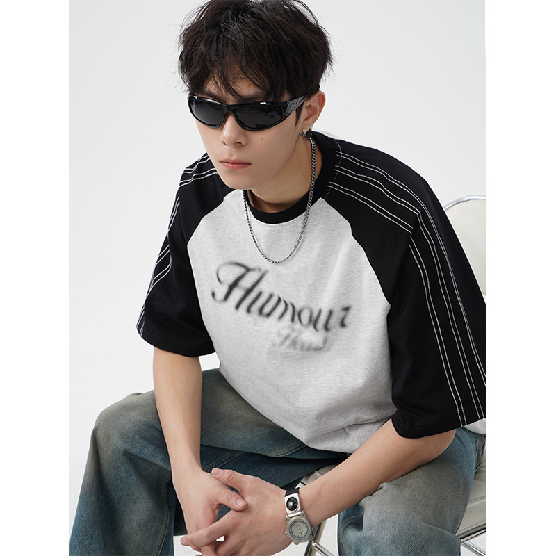 American Retro Color-Blocked Raglan Sleeve Short-Sleeve T-Shirt for Men, New Summer Style with Blurred Dot Print, Couple Half-Sleeve