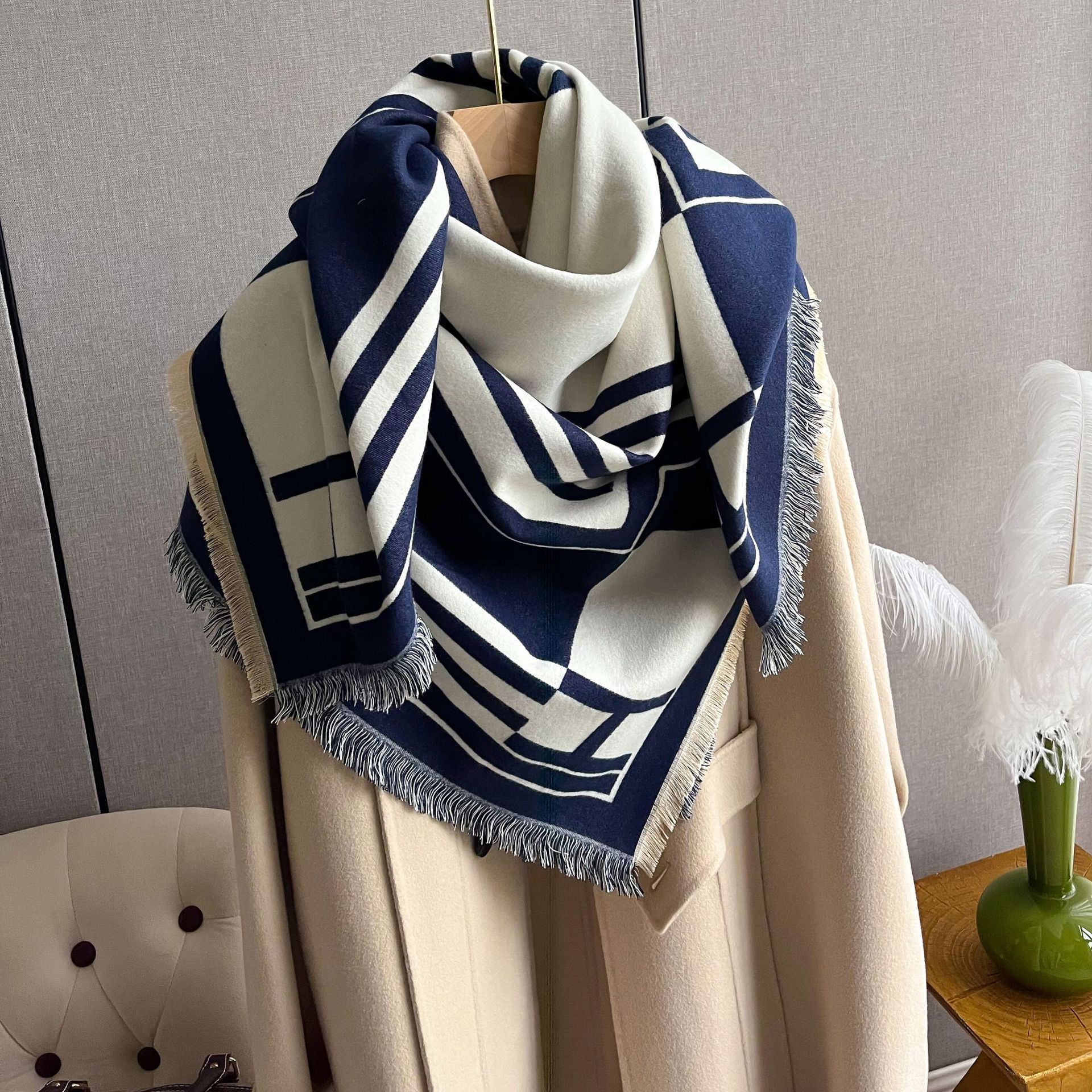 2023 Striped Double sided Imitation Cashmere Scarf for Women's Air Conditioning Shawl with Outer Cape Dual purpose Warm_voghion.com