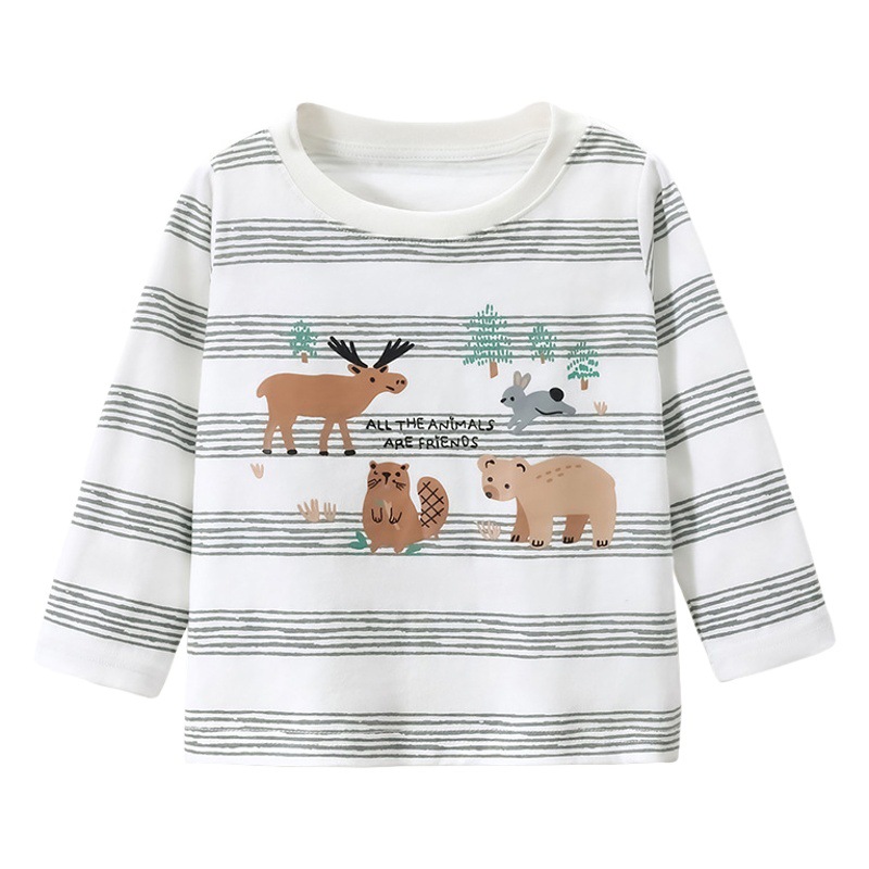 JOJOBEBE ropa infantil europea y americana otoño nueva camiseta de los niños algodón rayas impresas de manga larga camiseta de los muchachos cuello redondo